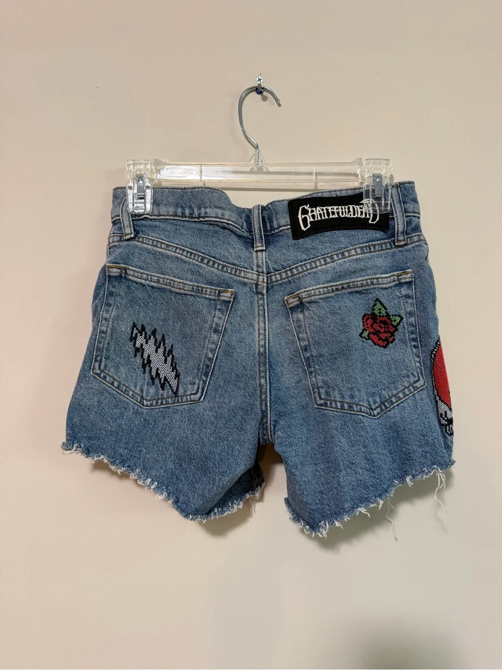 Lucky Brand Blue Denim Cutoff Shorts with Embroidered Grateful Dead Patches